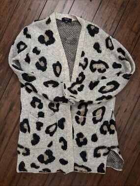 Leopard Print Open-Front Cardigan - Gray/Tan